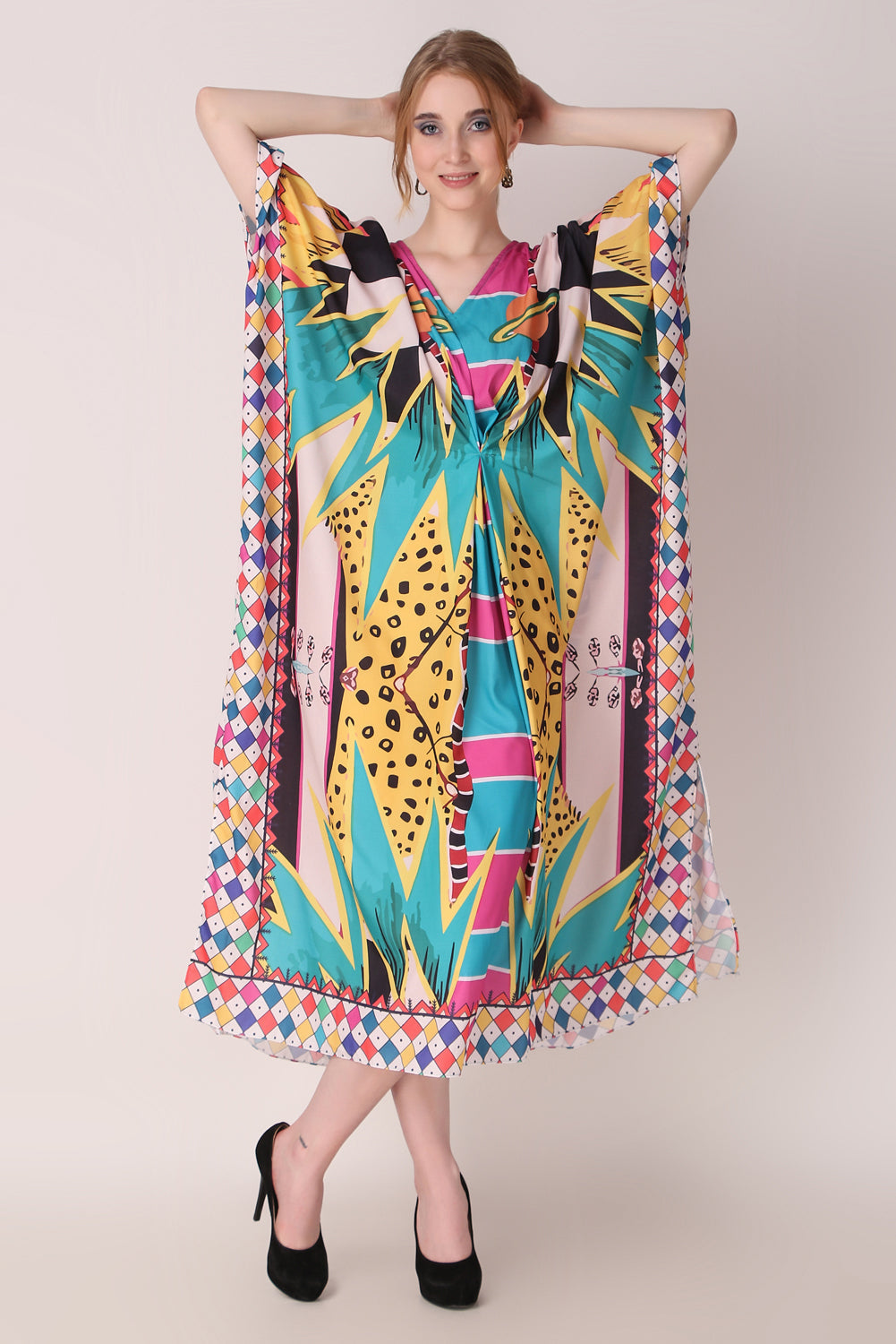 Rabiya - Noha - Multicolor Abstract Kaftan Dress Beach Wear Part Wear