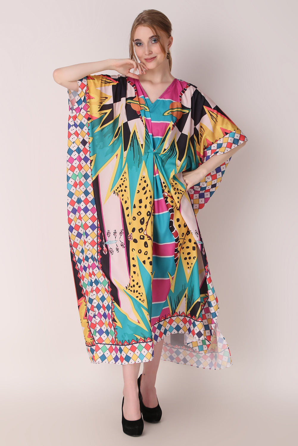 Rabiya - Noha - Multicolor Abstract Kaftan Dress Beach Wear Part Wear