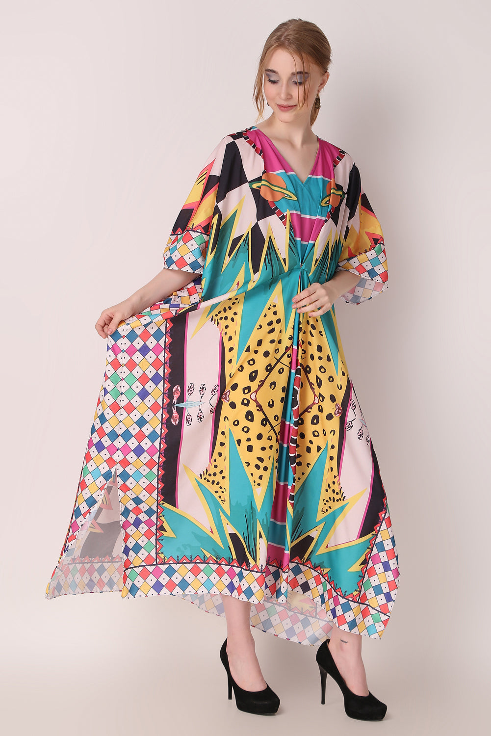 Rabiya - Noha - Multicolor Abstract Kaftan Dress Beach Wear Part Wear