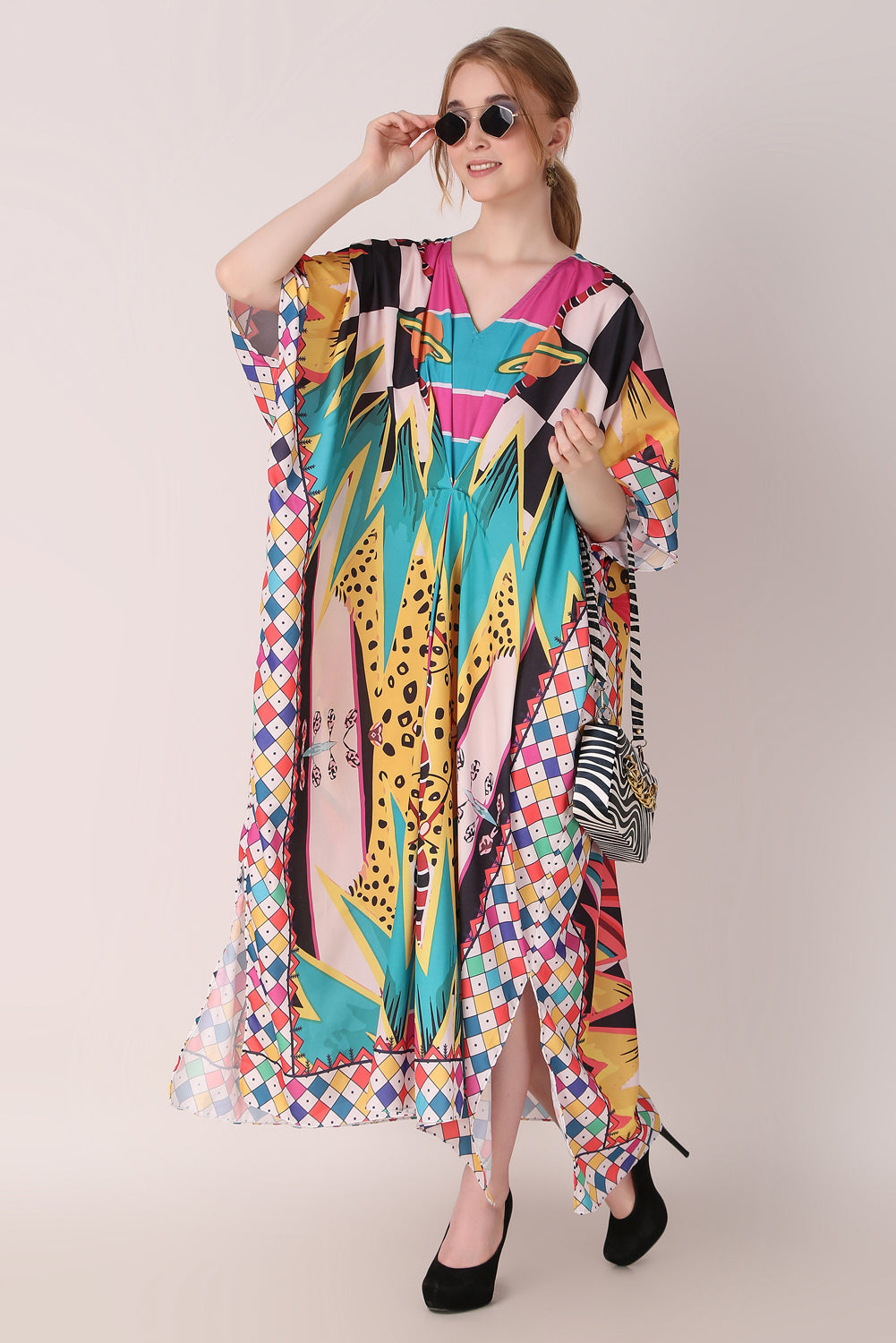 Rabiya - Noha - Multicolor Abstract Kaftan Dress Beach Wear Part Wear