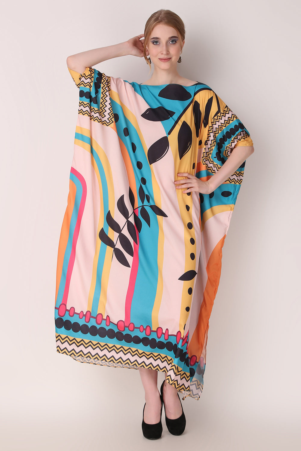 Rabiya - Noha - Stripe And Leaf Abstract Print Kaftan Dress Beach Wear