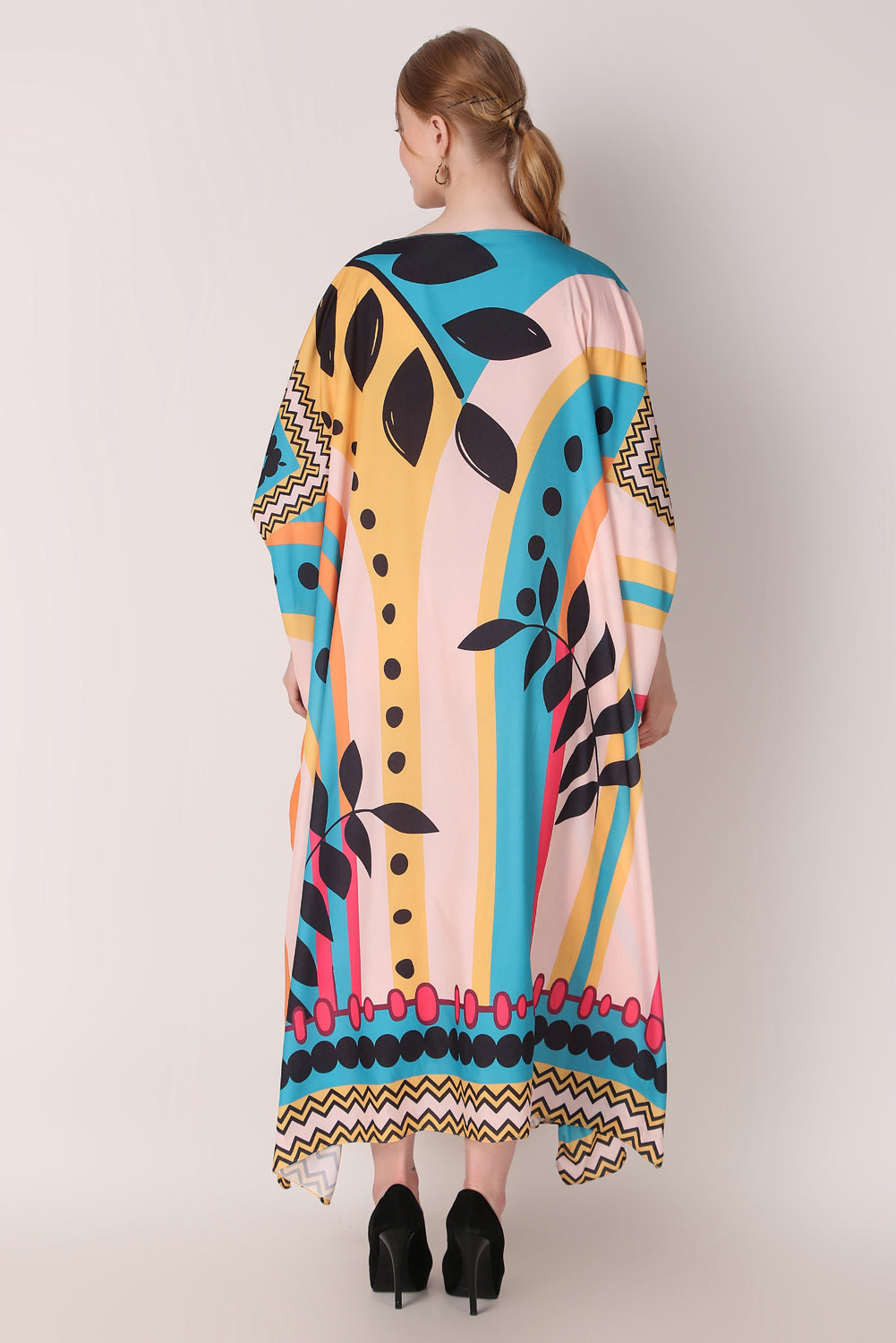 Rabiya - Noha - Stripe And Leaf Abstract Print Kaftan Dress Beach Wear