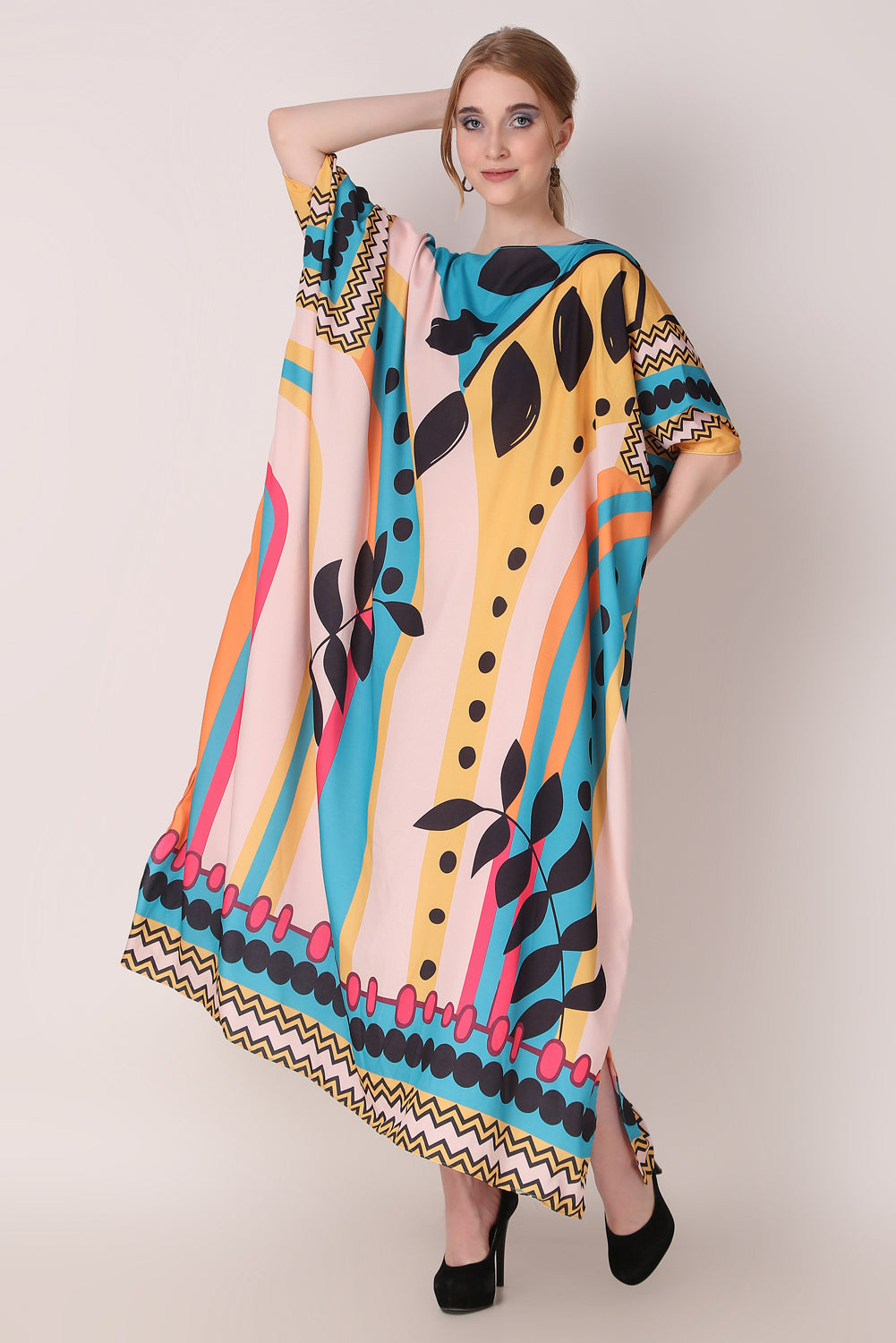 Rabiya - Noha - Stripe And Leaf Abstract Print Kaftan Dress Beach Wear