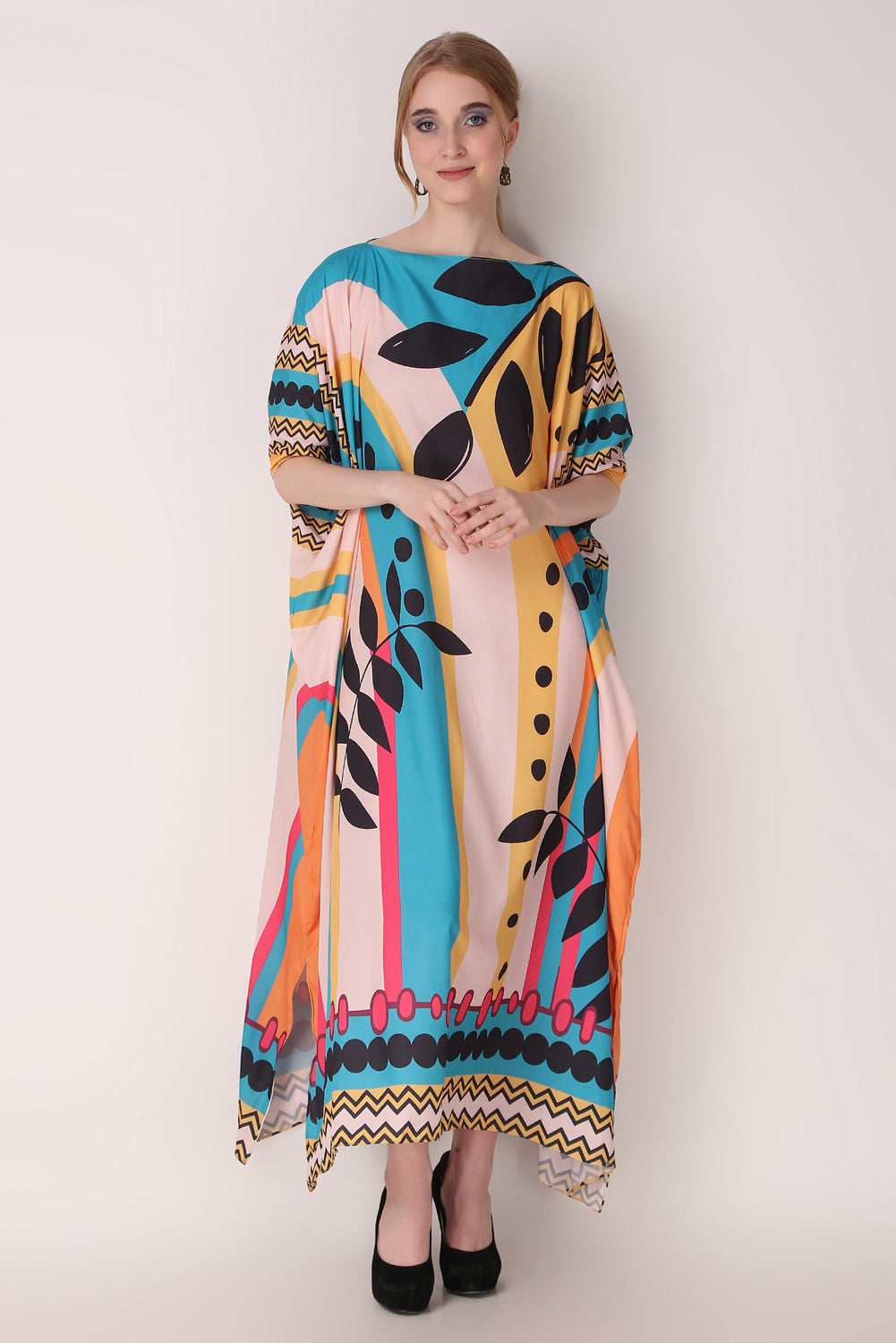 Rabiya - Noha - Stripe And Leaf Abstract Print Kaftan Dress Beach Wear