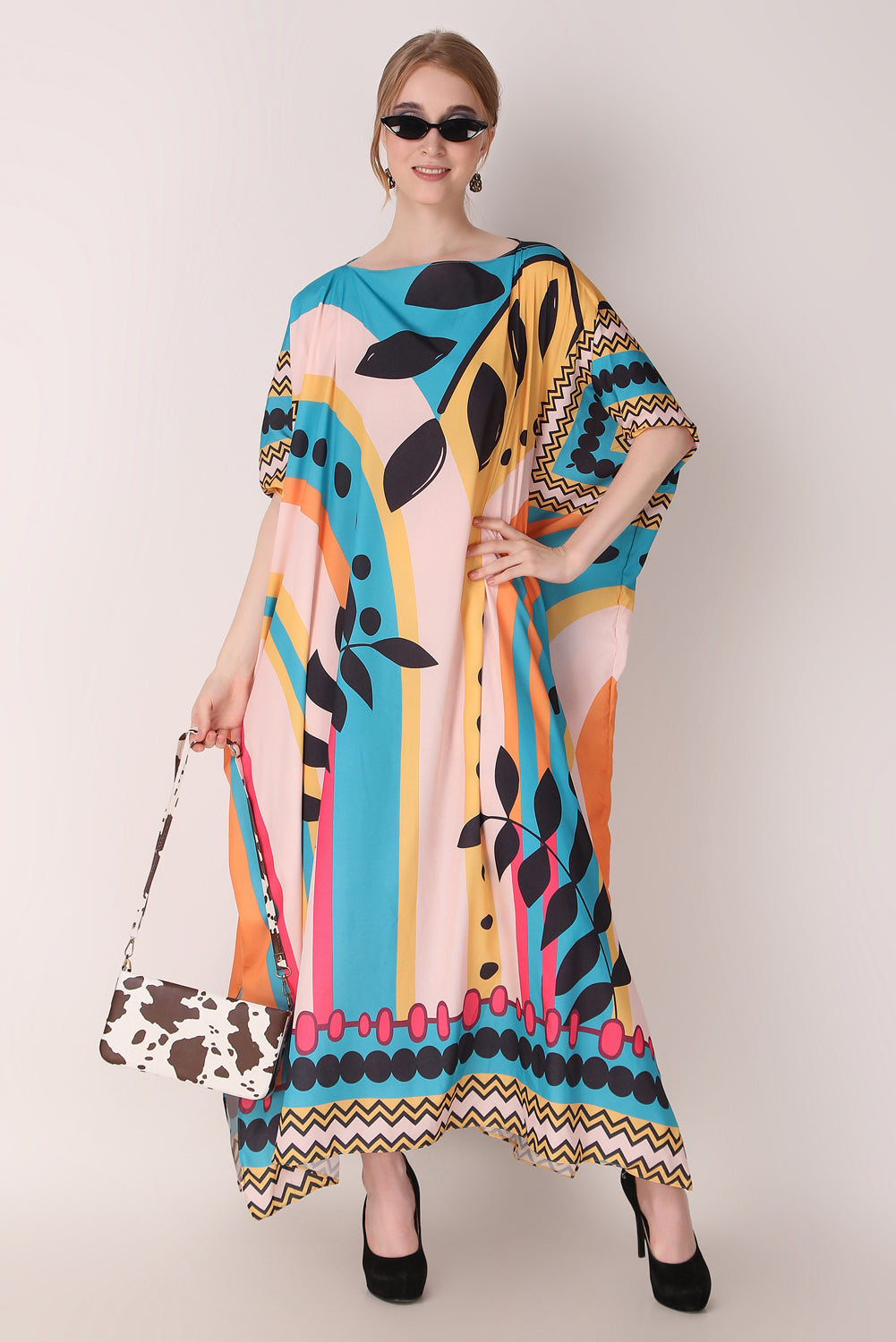 Rabiya - Noha - Stripe And Leaf Abstract Print Kaftan Dress Beach Wear