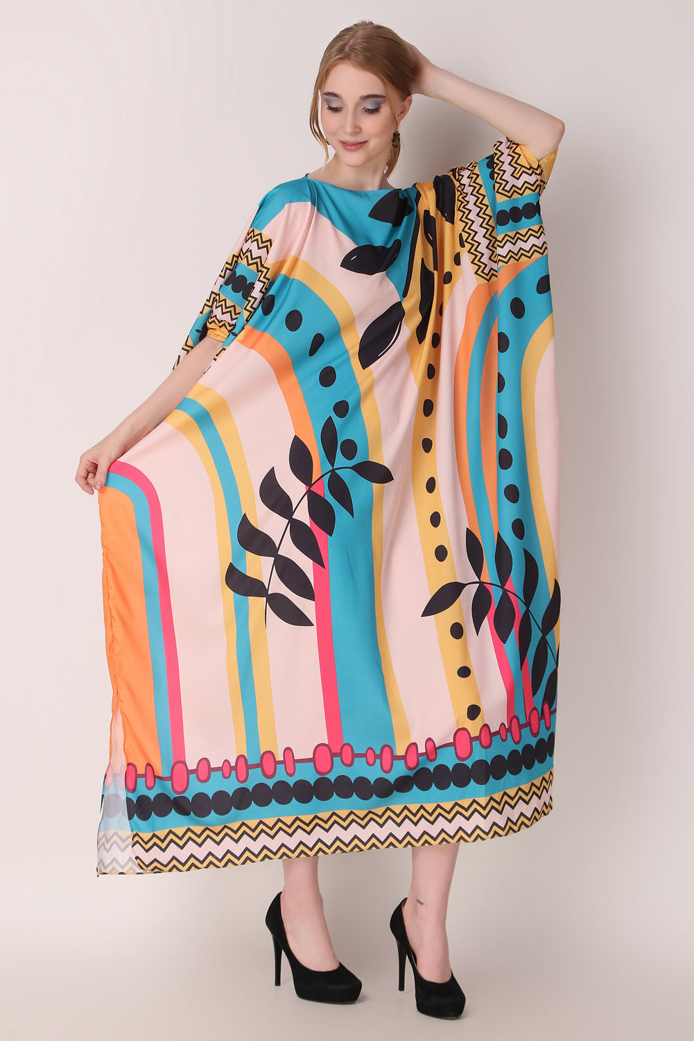 Rabiya - Noha - Stripe And Leaf Abstract Print Kaftan Dress Beach Wear