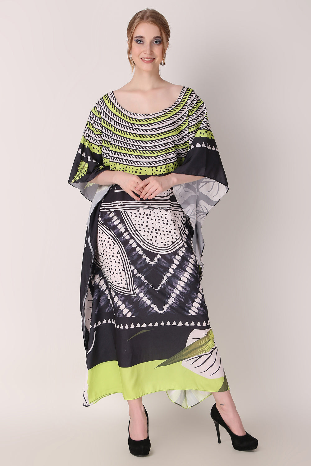 Rabiya - Noha - Neon And Black Abstract Print Kaftan Dress Boat Neck