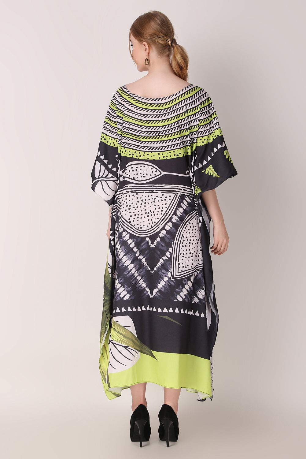 Rabiya - Noha - Neon And Black Abstract Print Kaftan Dress Boat Neck