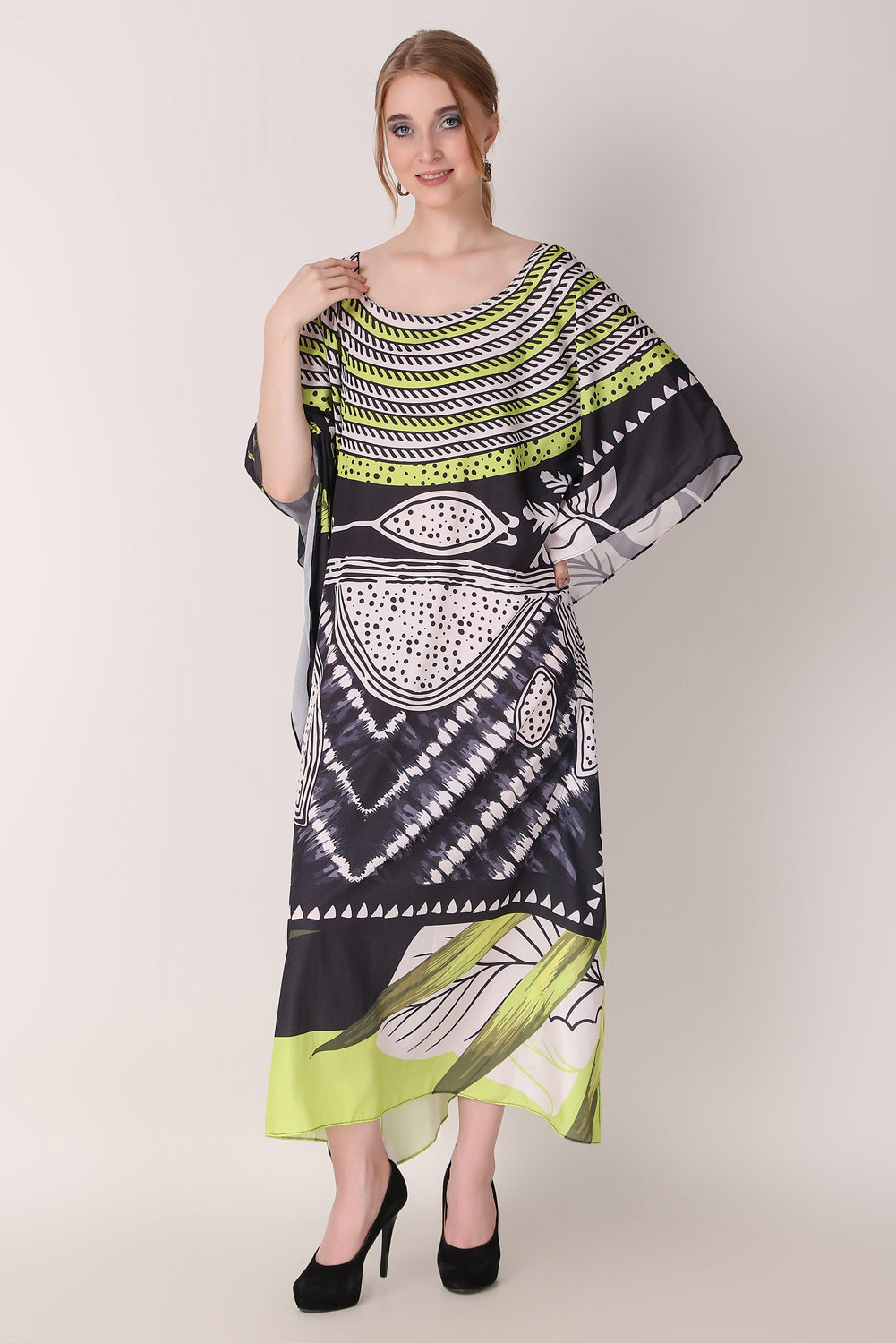 Rabiya - Noha - Neon And Black Abstract Print Kaftan Dress Boat Neck