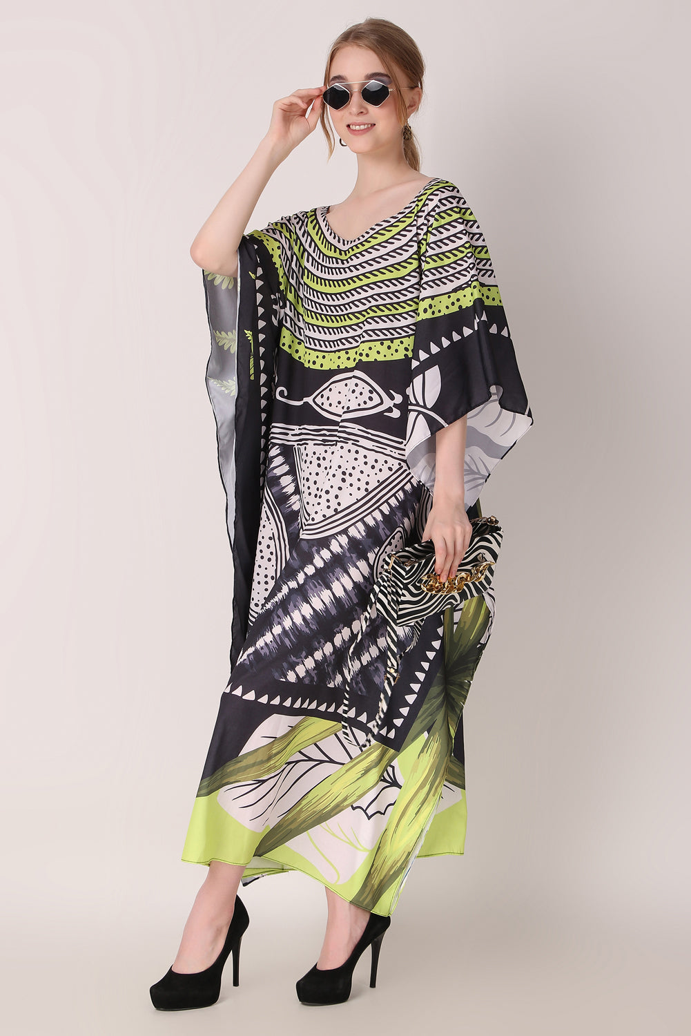 Rabiya - Noha - Neon And Black Abstract Print Kaftan Dress Boat Neck