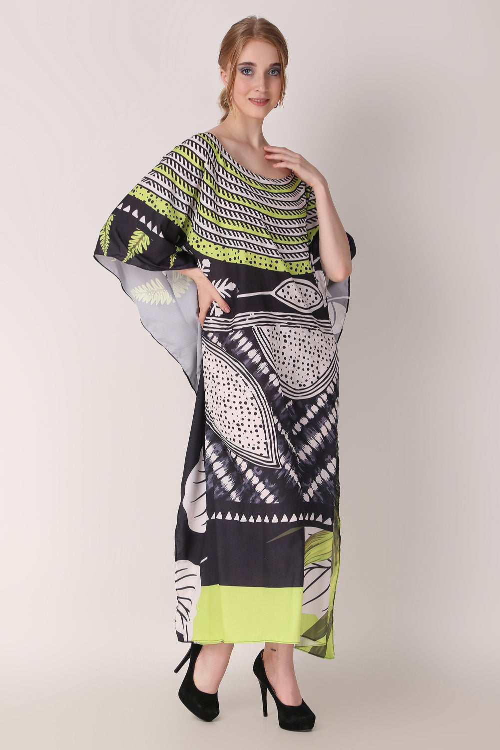 Rabiya - Noha - Neon And Black Abstract Print Kaftan Dress Boat Neck