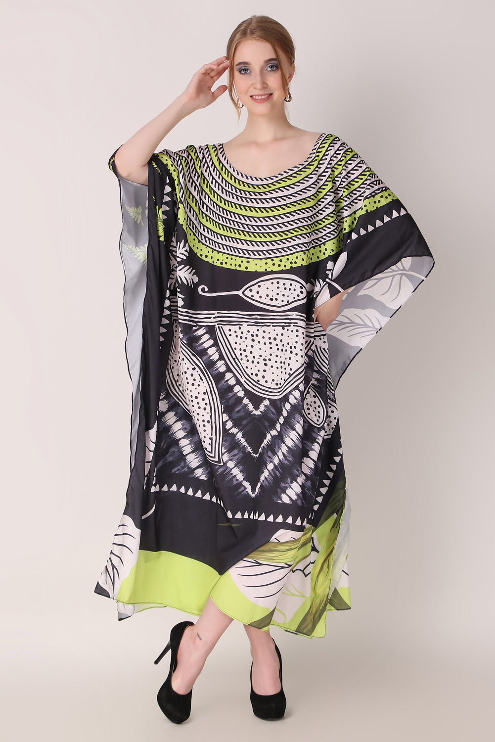 Rabiya - Noha - Neon And Black Abstract Print Kaftan Dress Boat Neck