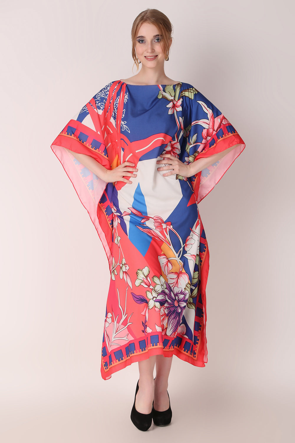 Rabiya - Noha - Red And Blue Abstract Flower Print Kaftan Dress Boat Neck