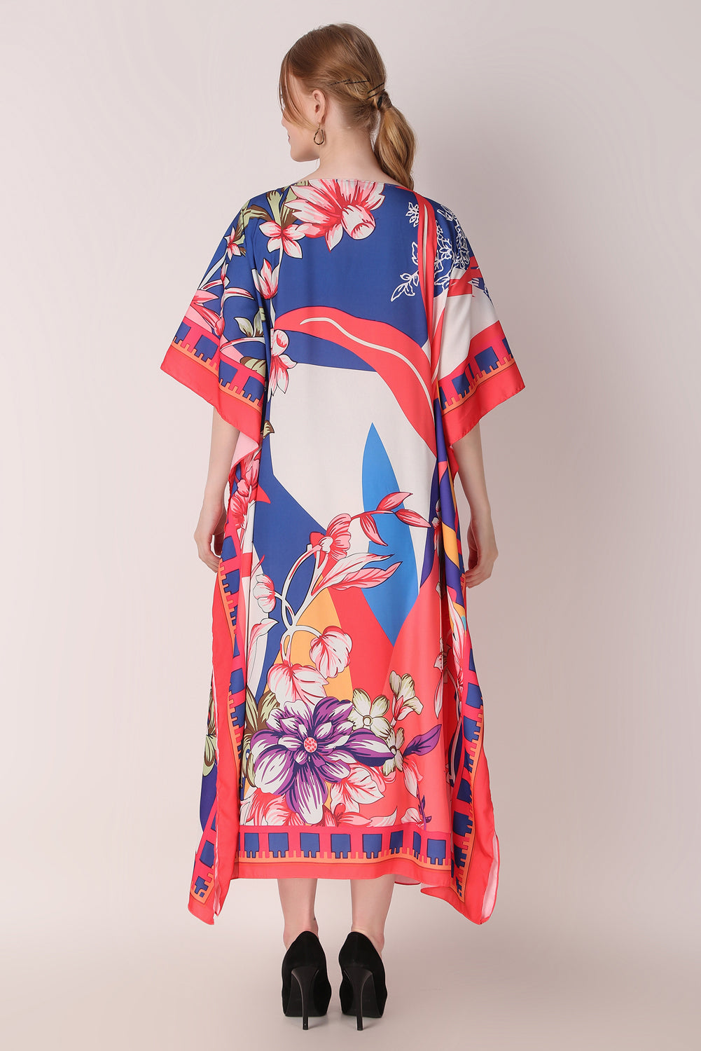 Rabiya - Noha - Red And Blue Abstract Flower Print Kaftan Dress Boat Neck