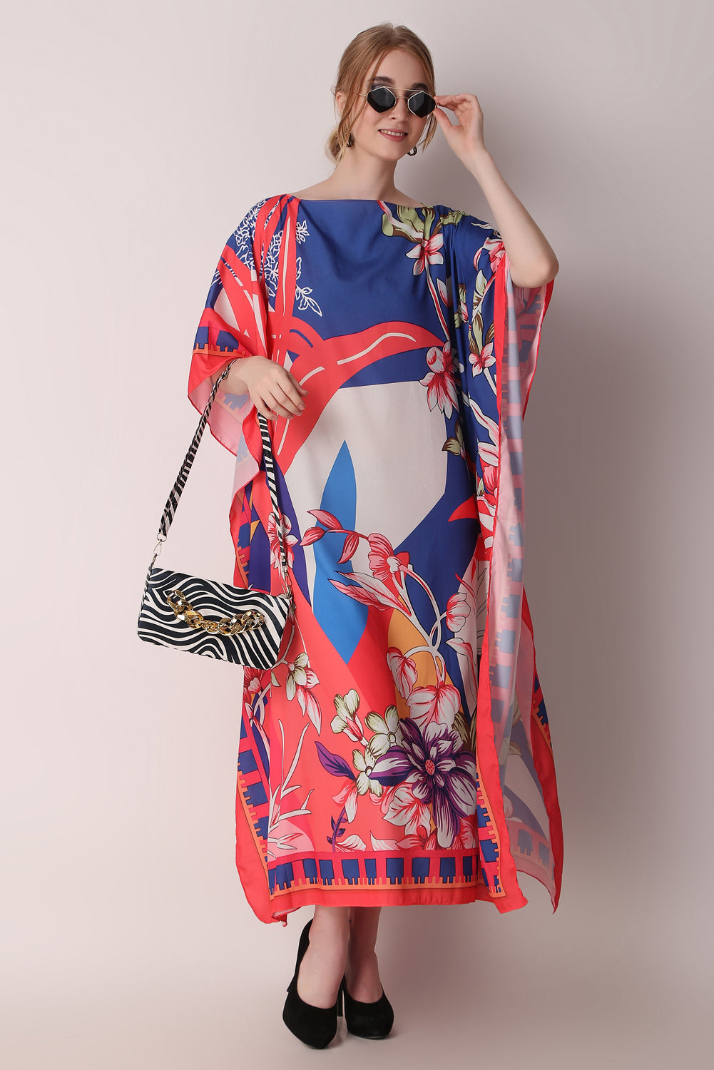 Rabiya - Noha - Red And Blue Abstract Flower Print Kaftan Dress Boat Neck