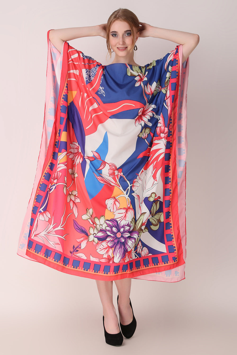 Rabiya - Noha - Red And Blue Abstract Flower Print Kaftan Dress Boat Neck