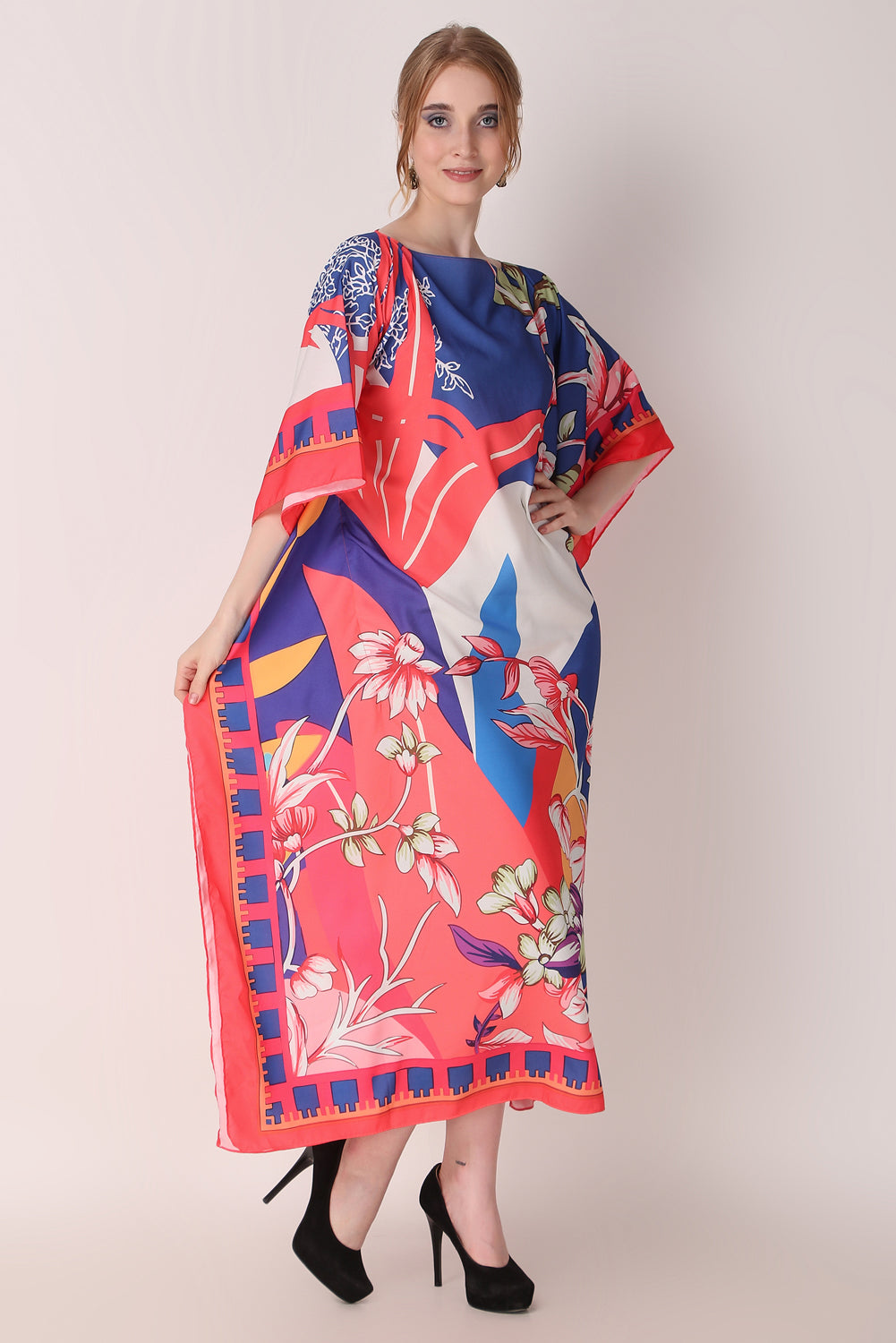 Rabiya - Noha - Red And Blue Abstract Flower Print Kaftan Dress Boat Neck