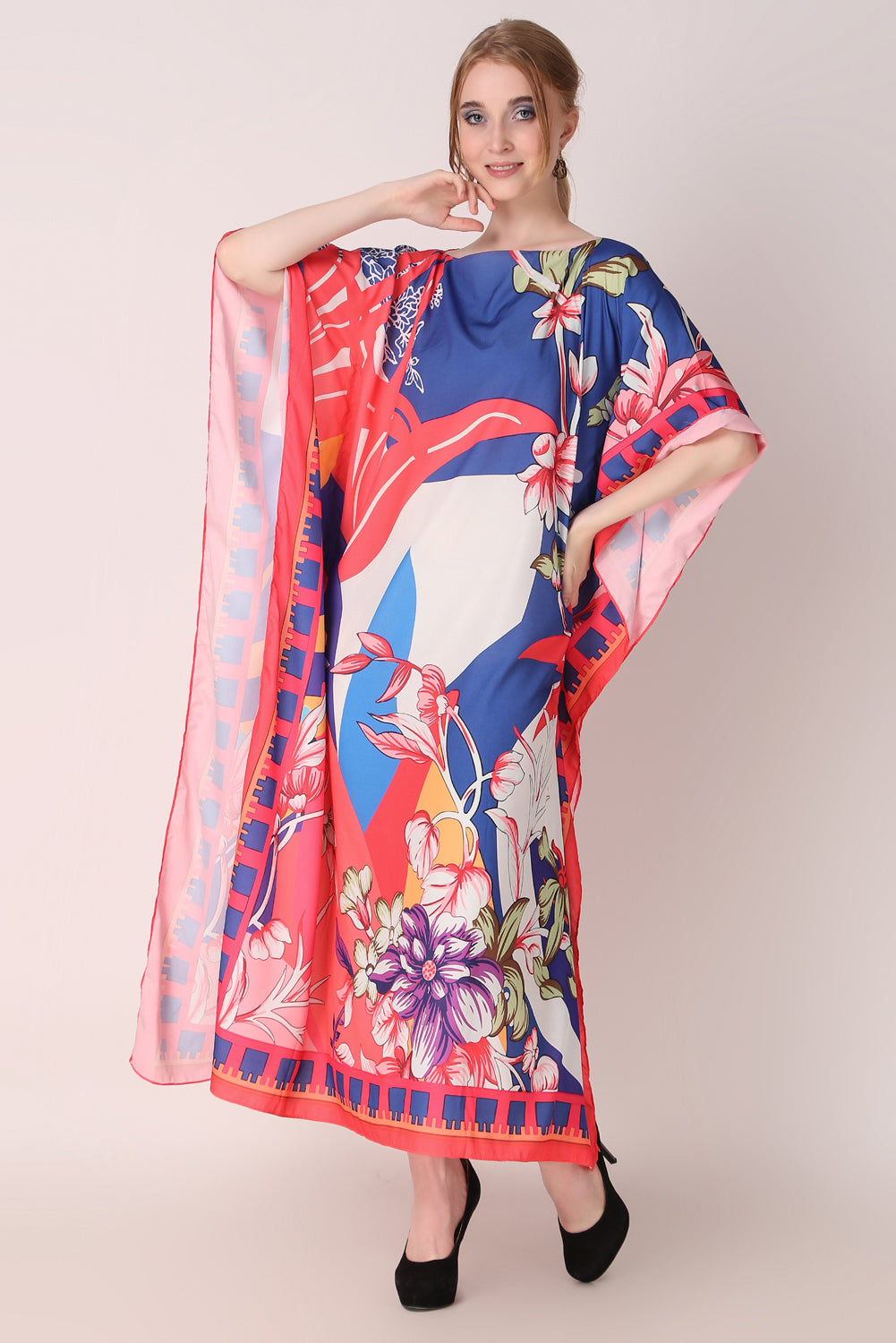 Rabiya - Noha - Red And Blue Abstract Flower Print Kaftan Dress Boat Neck