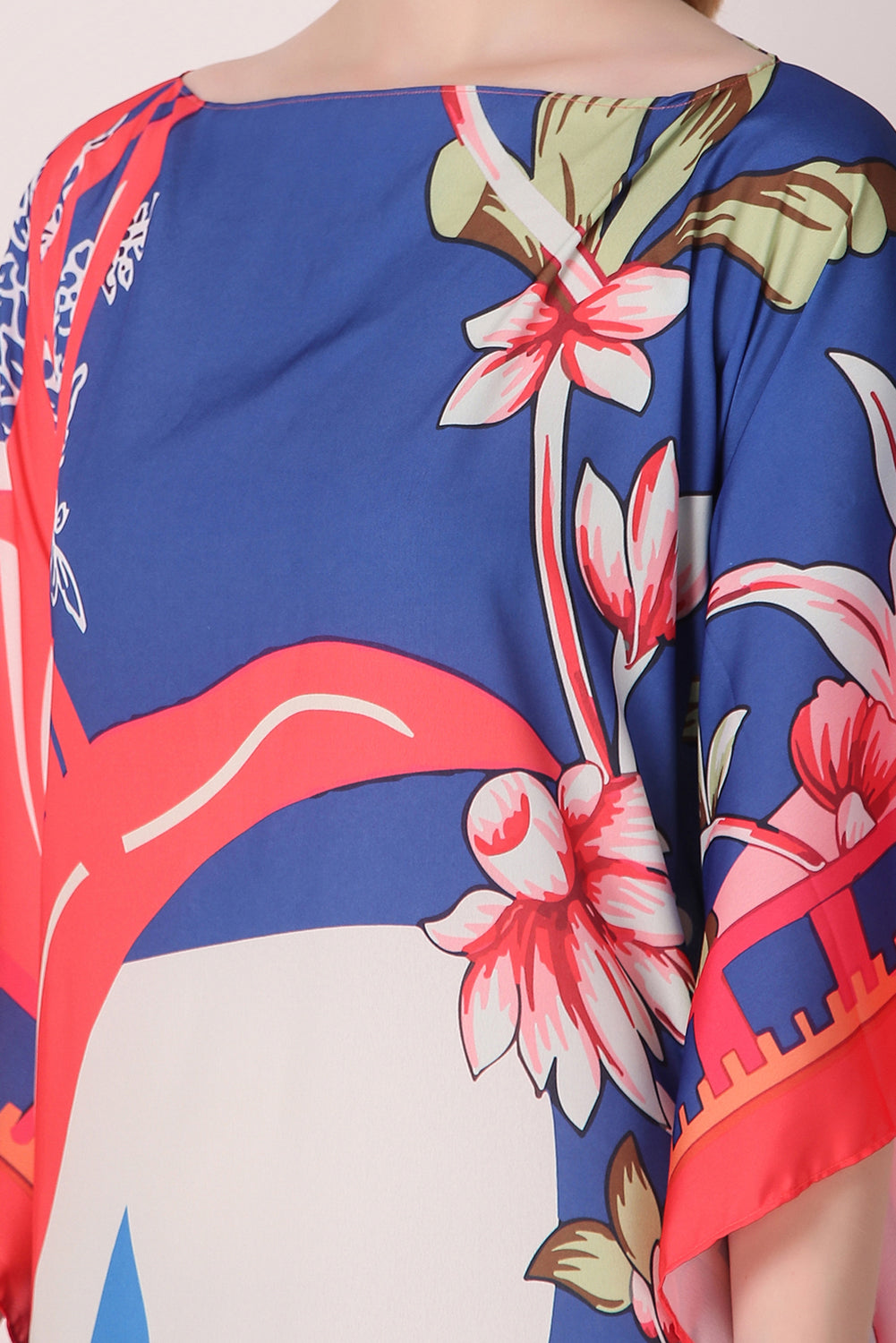 Rabiya - Noha - Red And Blue Abstract Flower Print Kaftan Dress Boat Neck