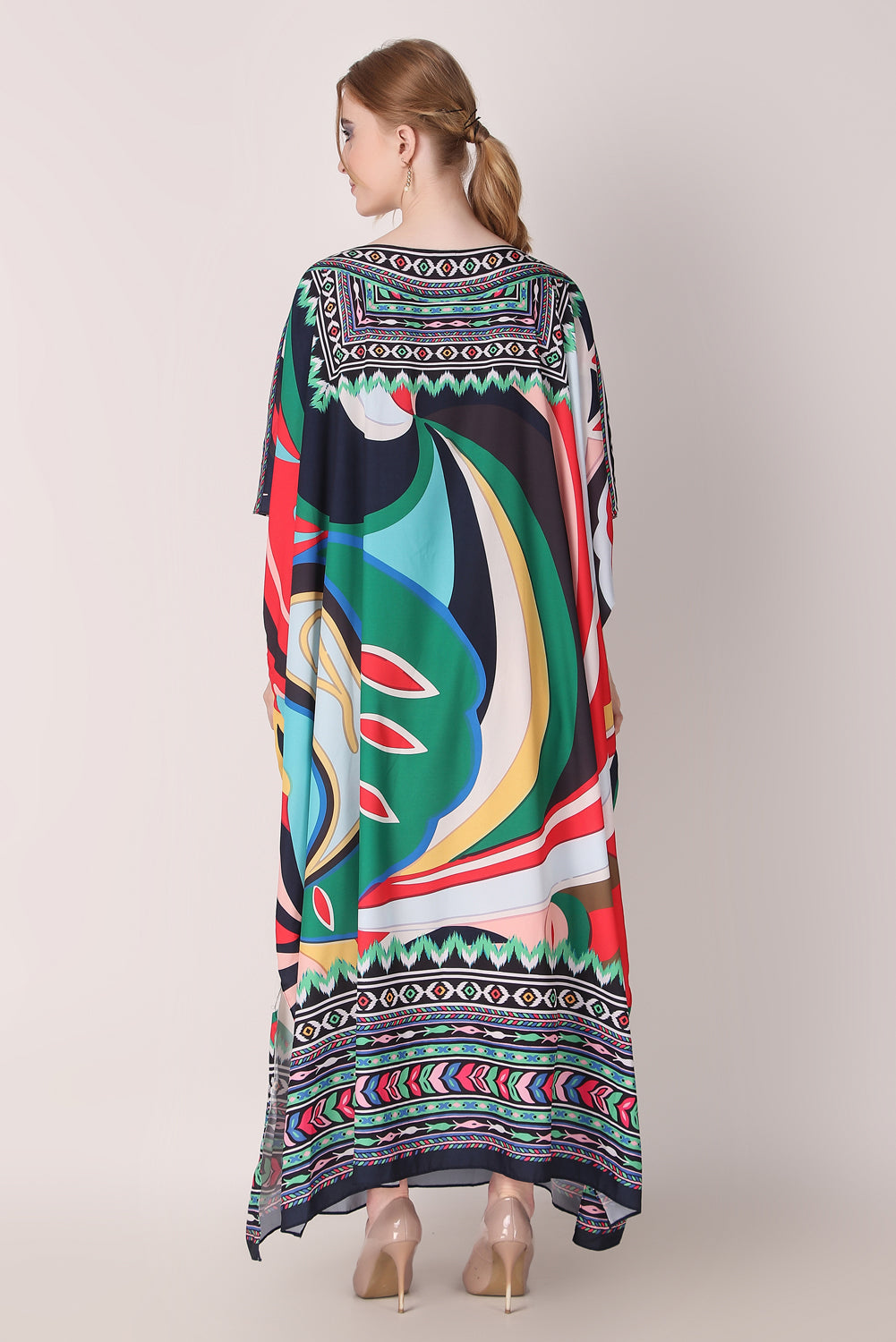 Rabiya - Noha - Multicolor Stripe Designer Boat Neck Printed kaftan