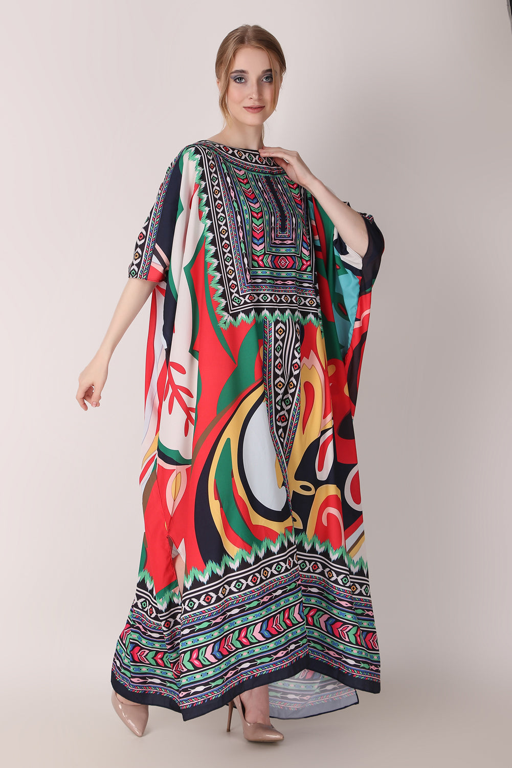 Rabiya - Noha - Multicolor Stripe Designer Boat Neck Printed kaftan