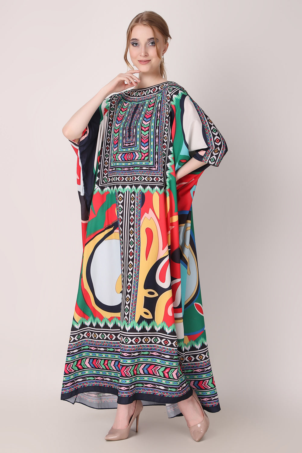 Rabiya - Noha - Multicolor Stripe Designer Boat Neck Printed kaftan