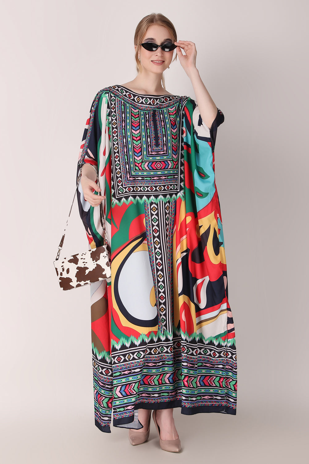 Rabiya - Noha - Multicolor Stripe Designer Boat Neck Printed kaftan