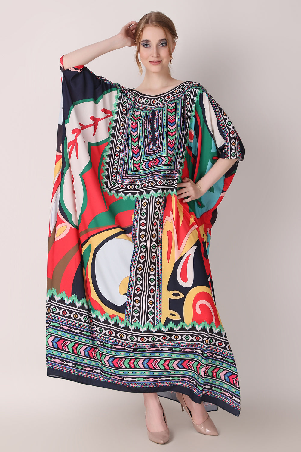 Rabiya - Noha - Multicolor Stripe Designer Boat Neck Printed kaftan