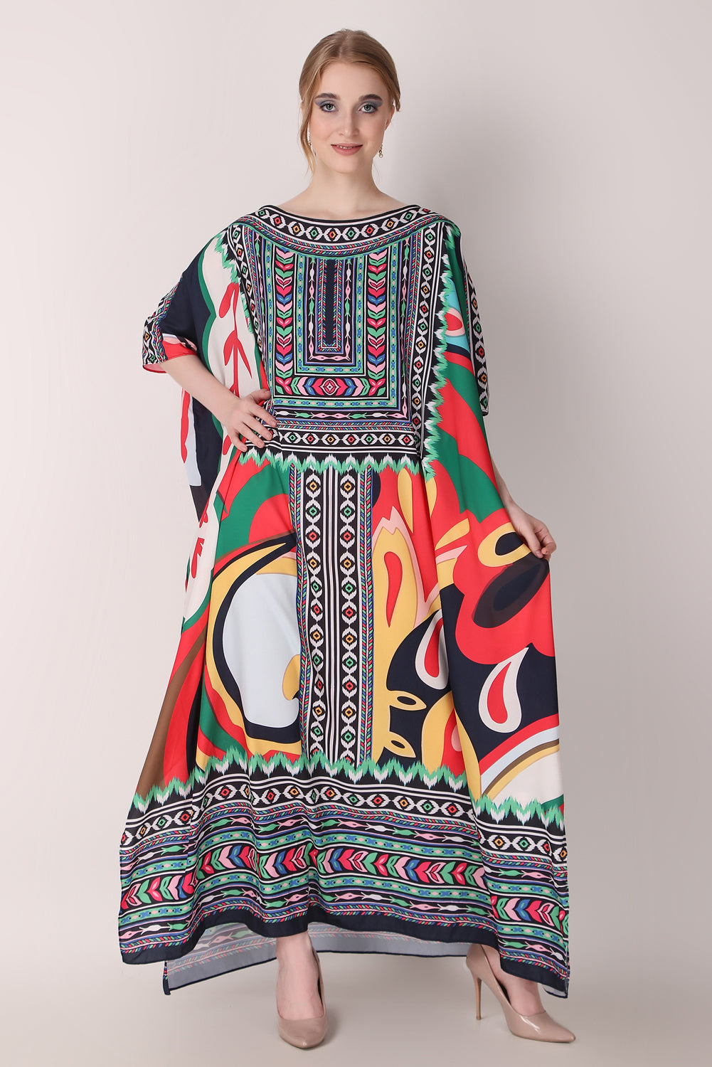 Rabiya - Noha - Multicolor Stripe Designer Boat Neck Printed kaftan