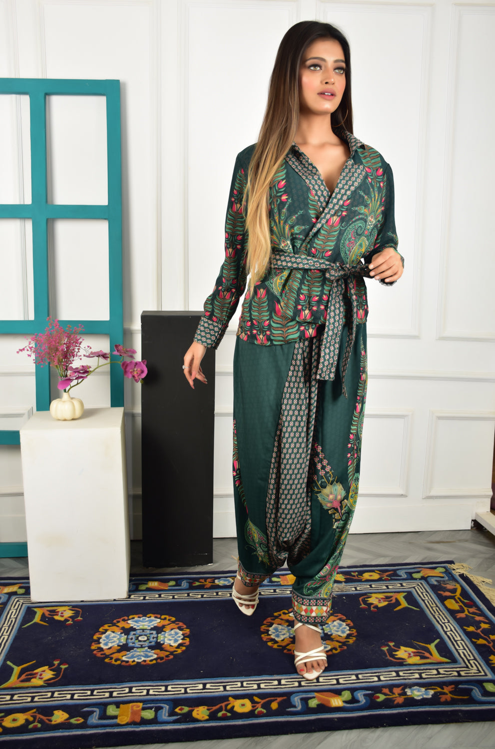 Self-Portrait -Women- Printed Green Dress Jacket With Dhoti