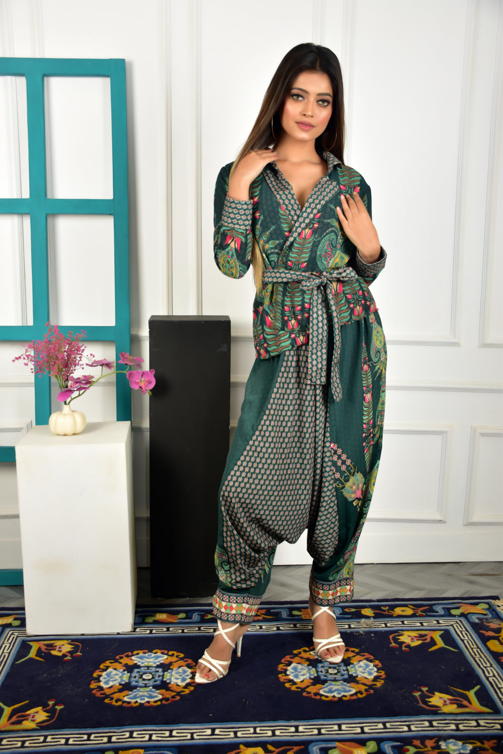 Self-Portrait -Women- Printed Green Dress Jacket With Dhoti