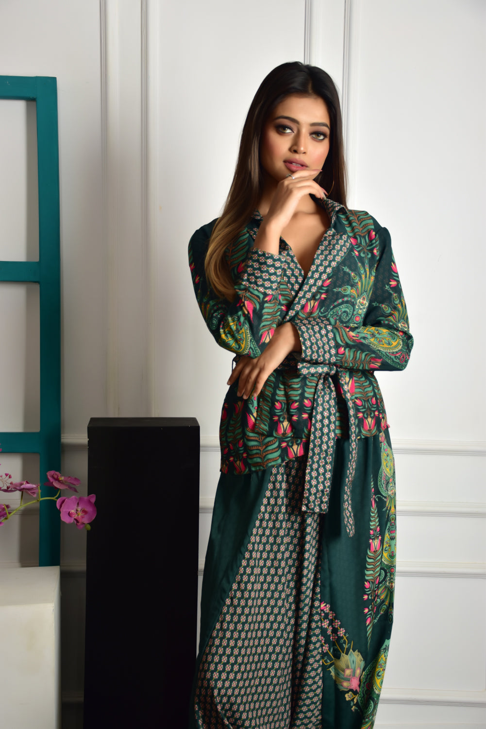 Self-Portrait -Women- Printed Green Dress Jacket With Dhoti