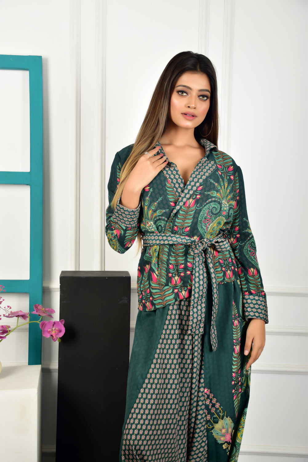 Self-Portrait -Women- Printed Green Dress Jacket With Dhoti