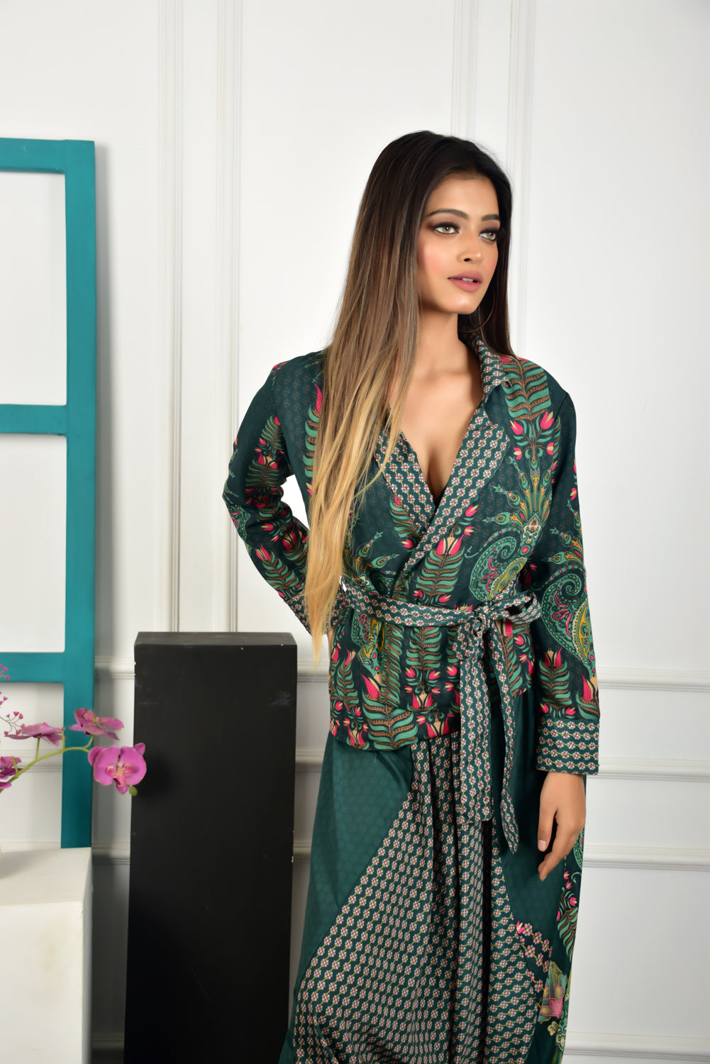 Self-Portrait -Women- Printed Green Dress Jacket With Dhoti