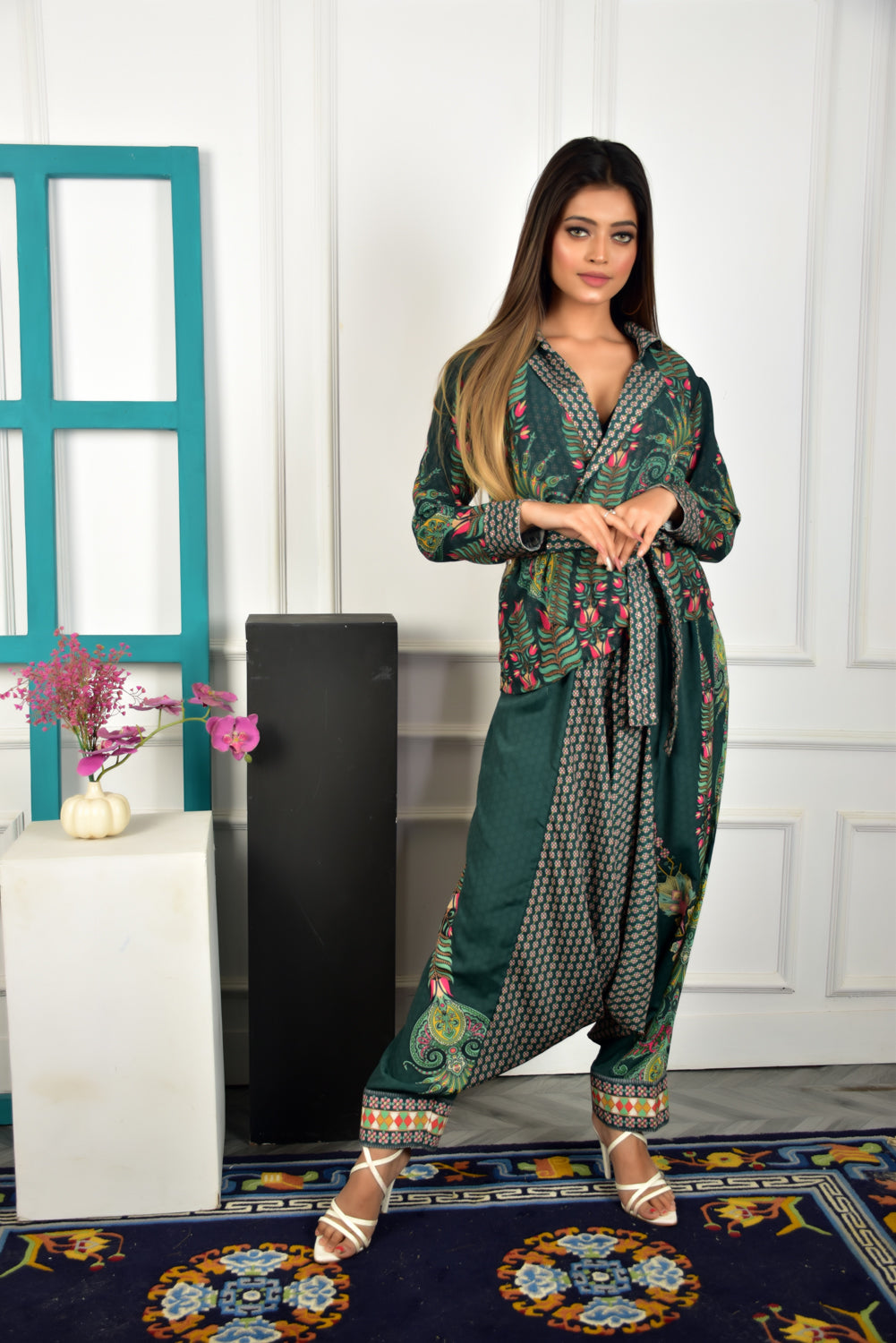 Self-Portrait -Women- Printed Green Dress Jacket With Dhoti