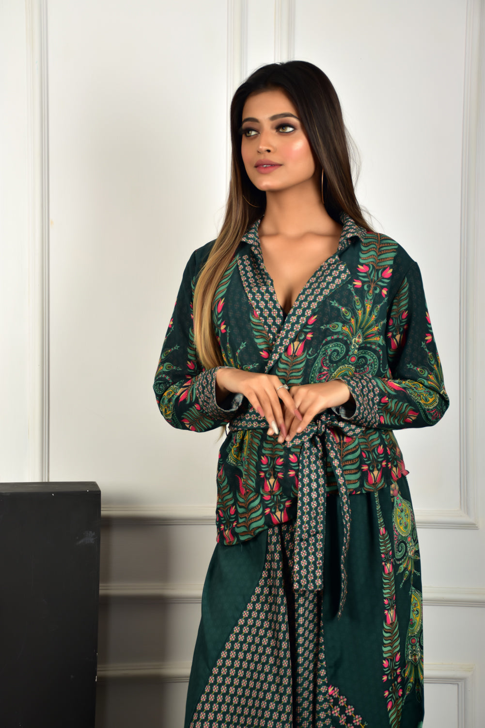 Self-Portrait -Women- Printed Green Dress Jacket With Dhoti