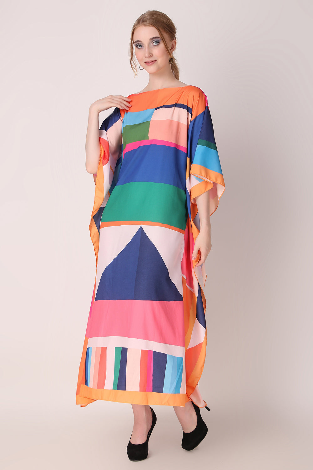 Rabiya - Noha - Colorfull Stripe Aabstract Boat Neck Kaftan Dress For Women