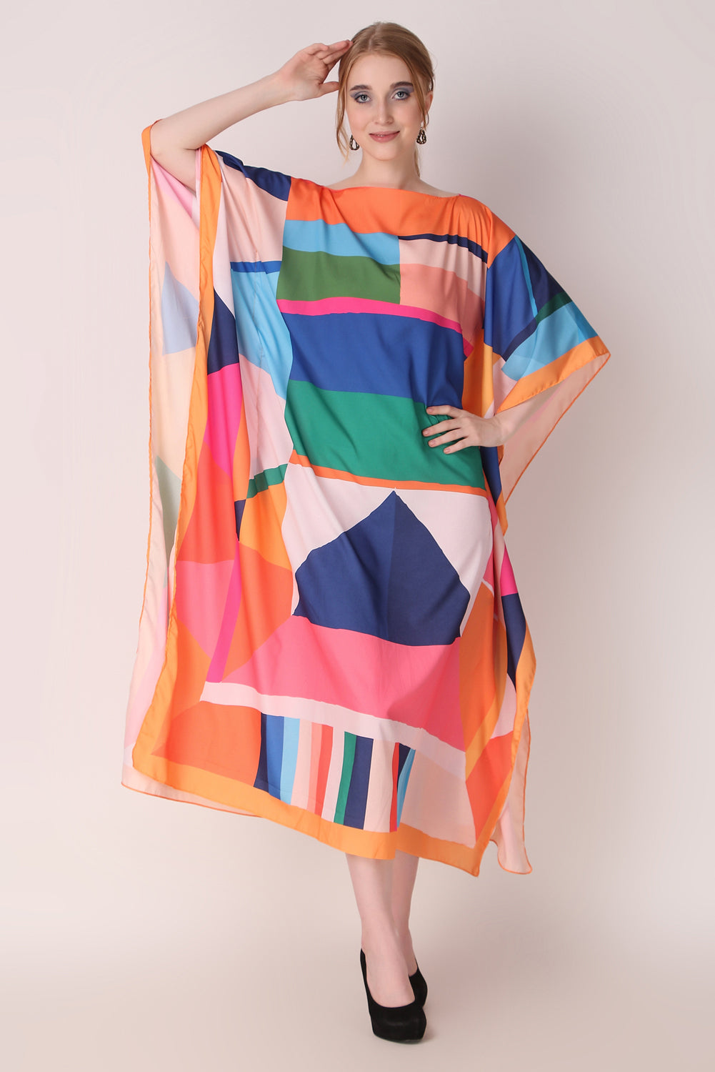 Rabiya - Noha - Colorfull Stripe Aabstract Boat Neck Kaftan Dress For Women