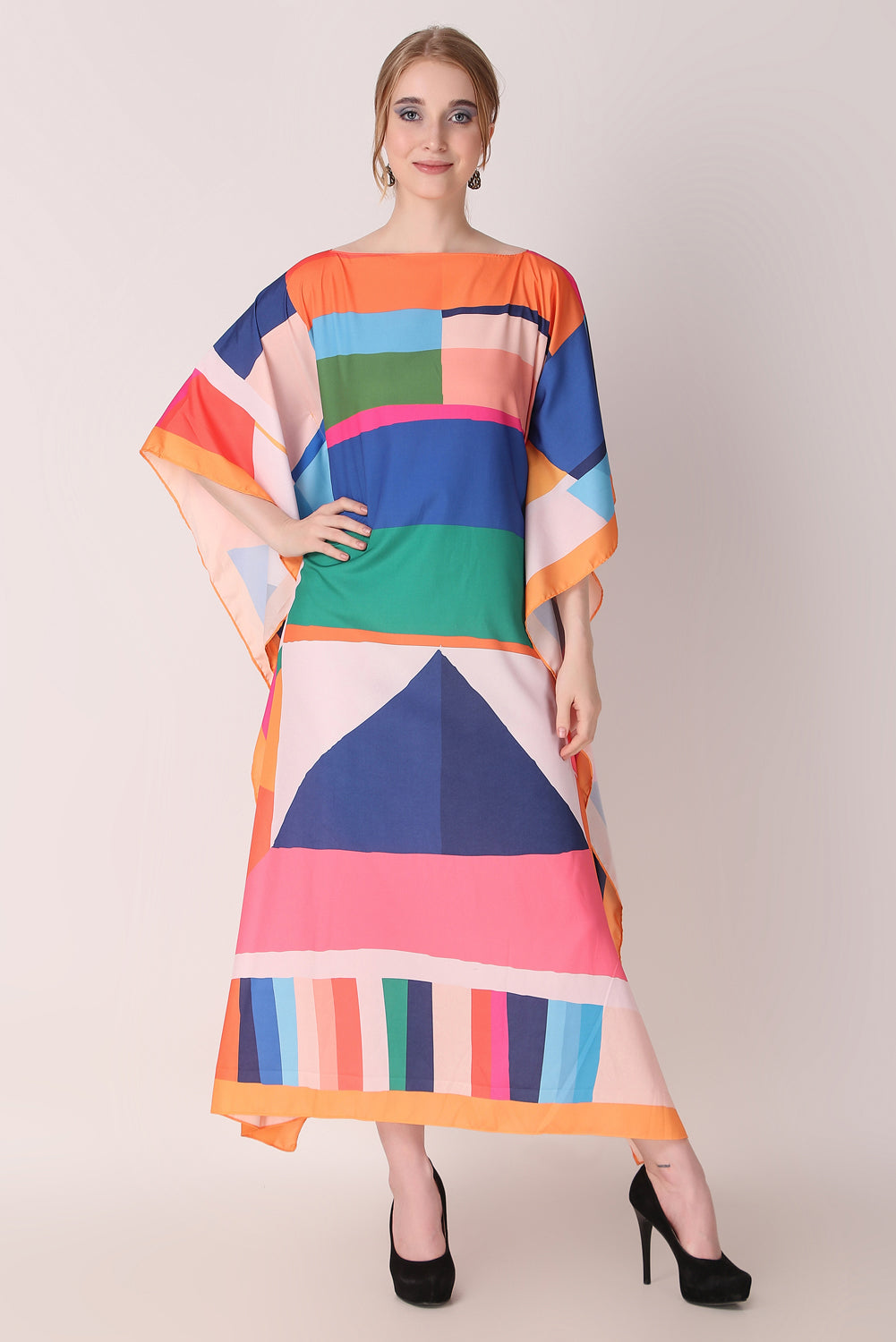 Rabiya - Noha - Colorfull Stripe Aabstract Boat Neck Kaftan Dress For Women