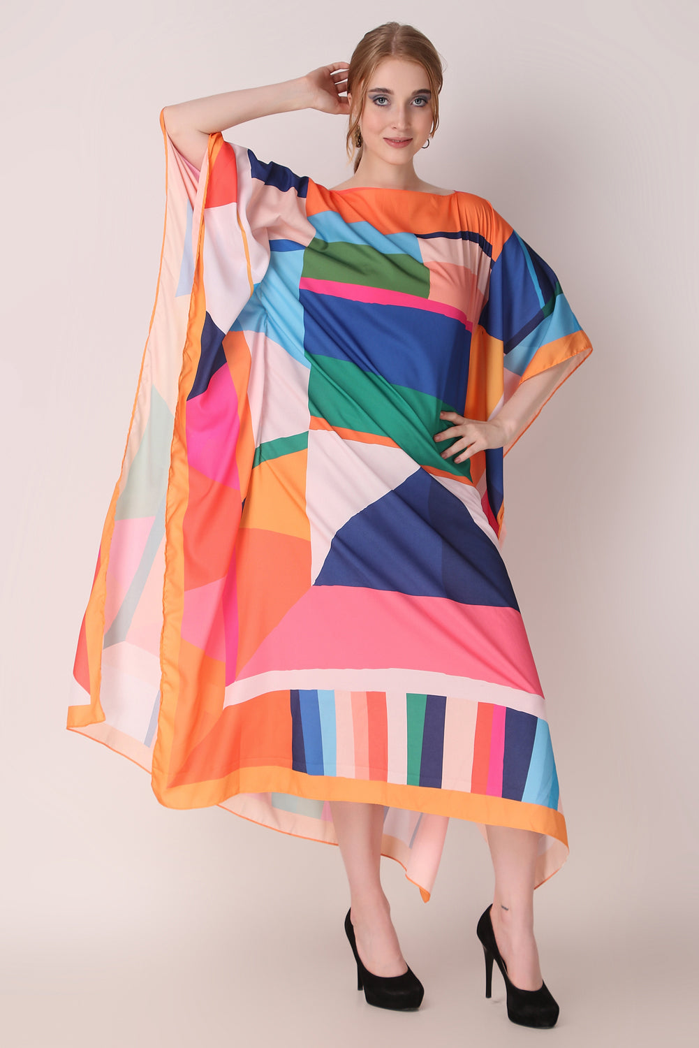 Rabiya - Noha - Colorfull Stripe Aabstract Boat Neck Kaftan Dress For Women