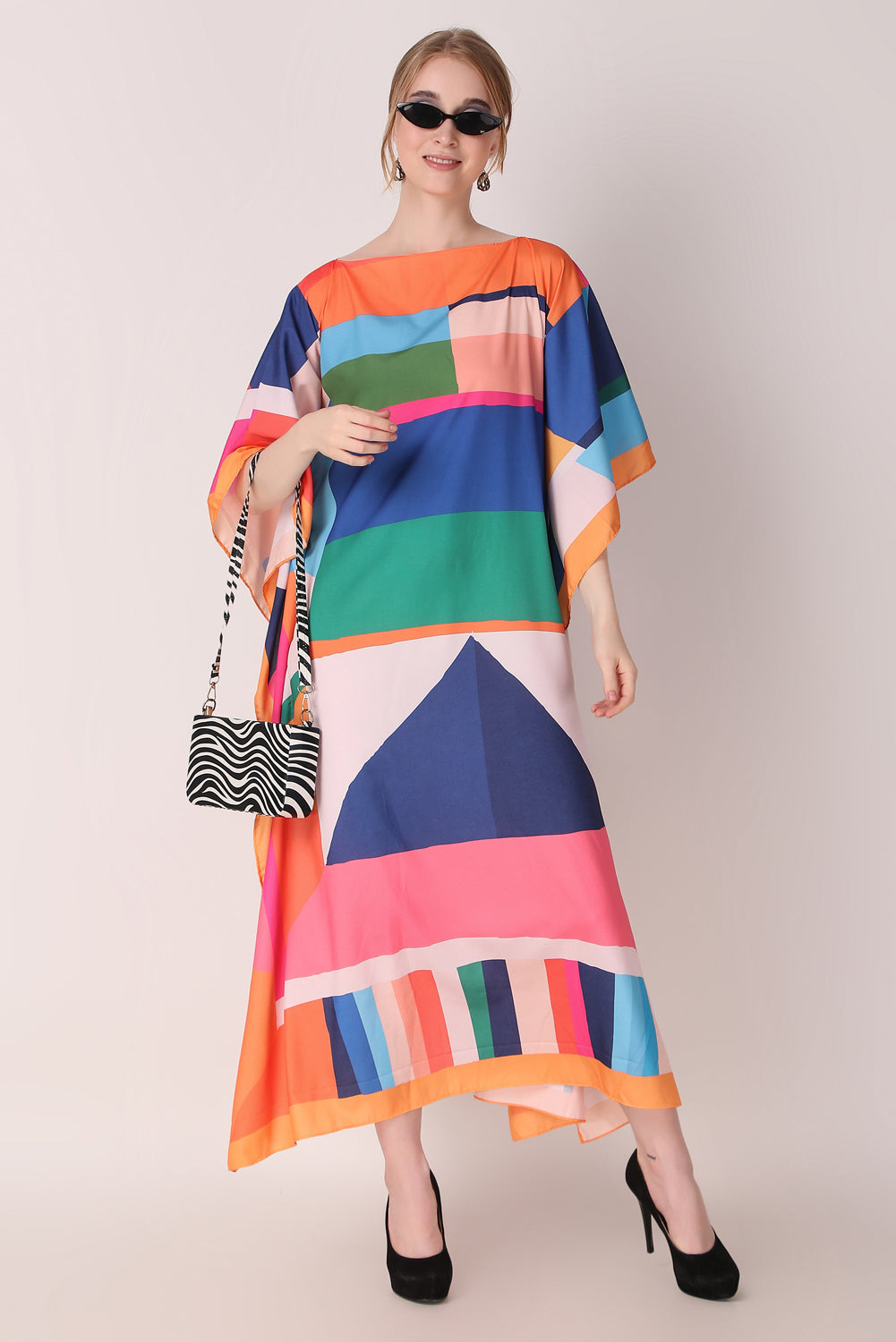 Rabiya - Noha - Colorfull Stripe Aabstract Boat Neck Kaftan Dress For Women