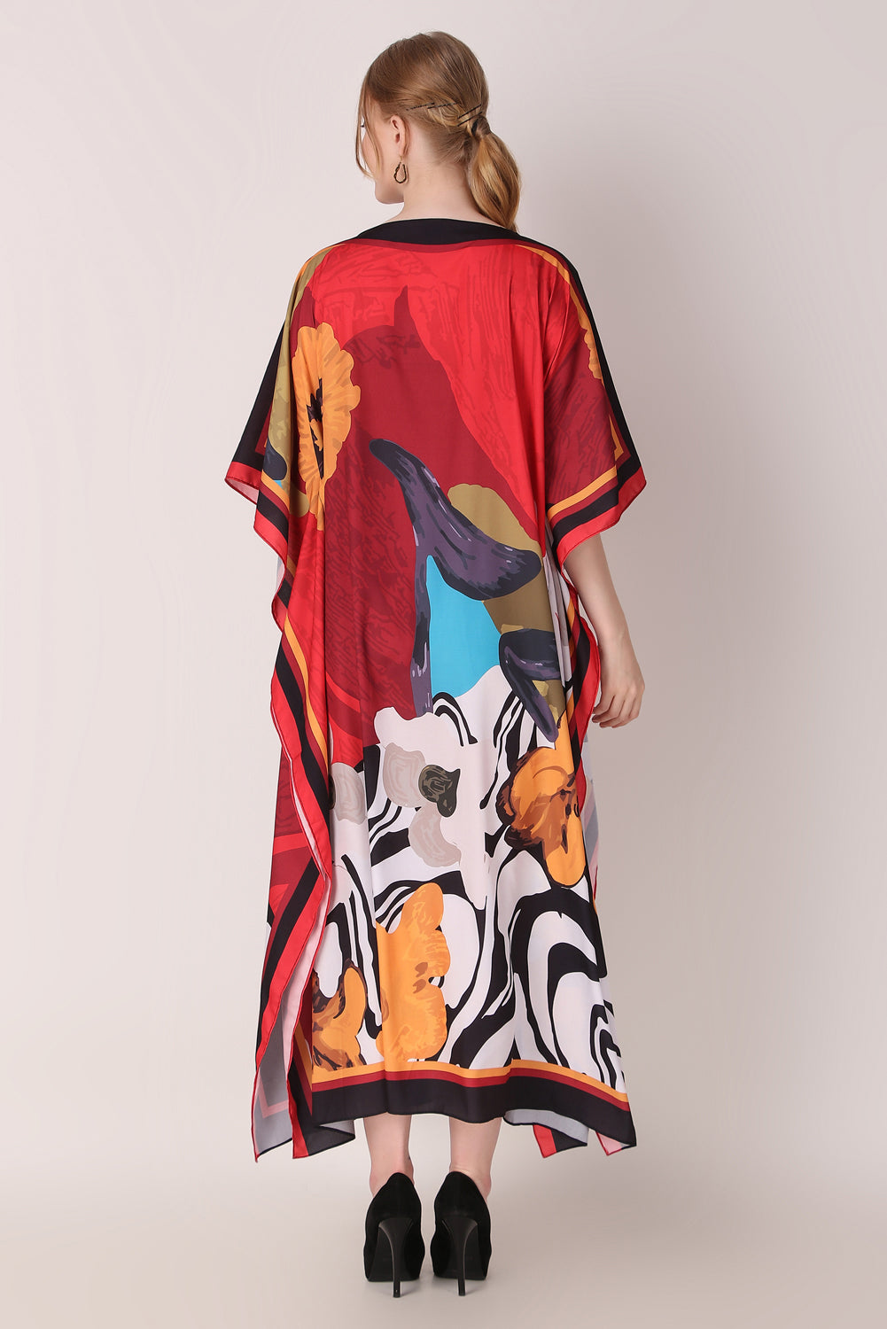 Rabiya - Noha - Digital Printed Red Abstract Luxury Kaftan Dress for Women