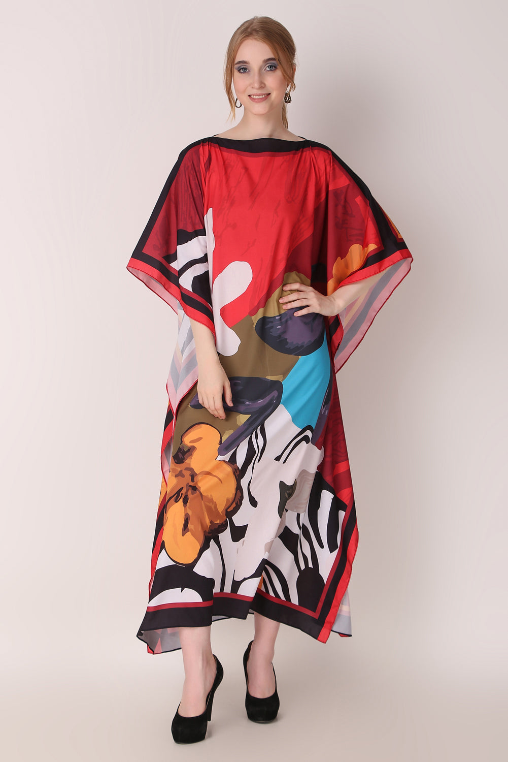 Rabiya - Noha - Digital Printed Red Abstract Luxury Kaftan Dress for Women