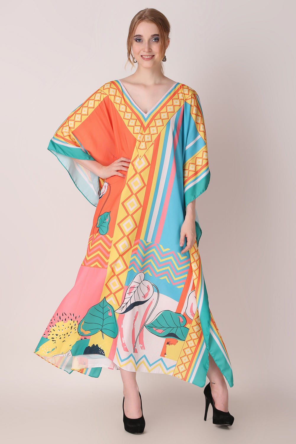 Rabiya - Noha - Orange Silk Caftan Silk Kaftan Plus Size, Luxury Silk Kaftan Maxi Dress, Abstract Silk Kaftan Long Dress Pink Orange Caftan Dress for Woman