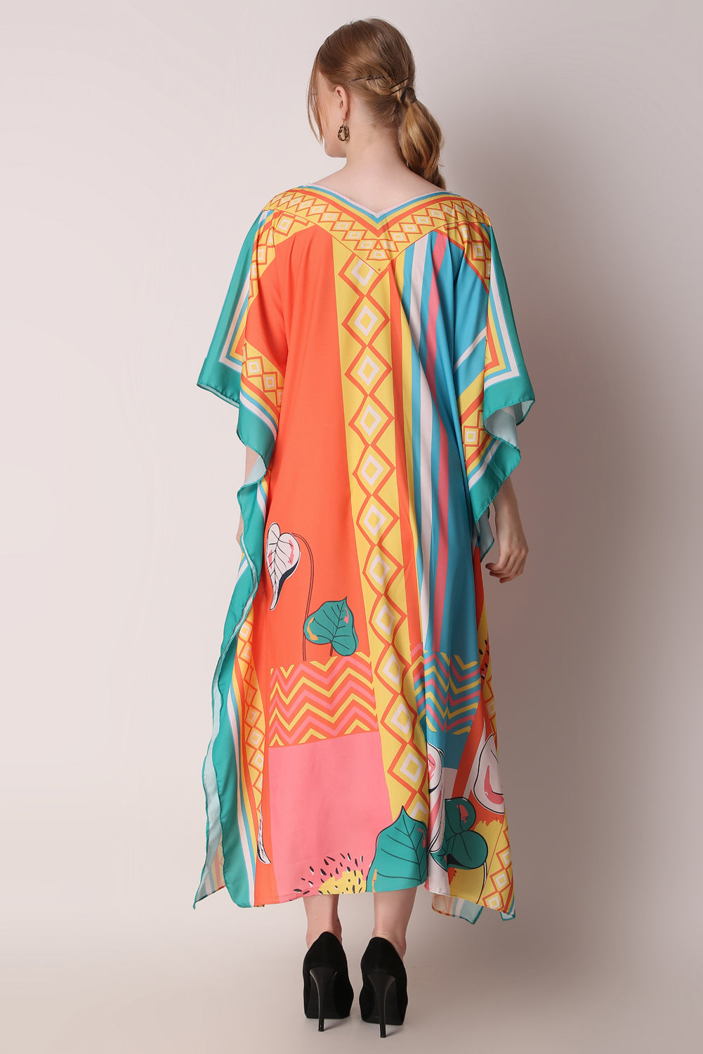 Rabiya - Noha - Orange Silk Caftan Silk Kaftan Plus Size, Luxury Silk Kaftan Maxi Dress, Abstract Silk Kaftan Long Dress Pink Orange Caftan Dress for Woman