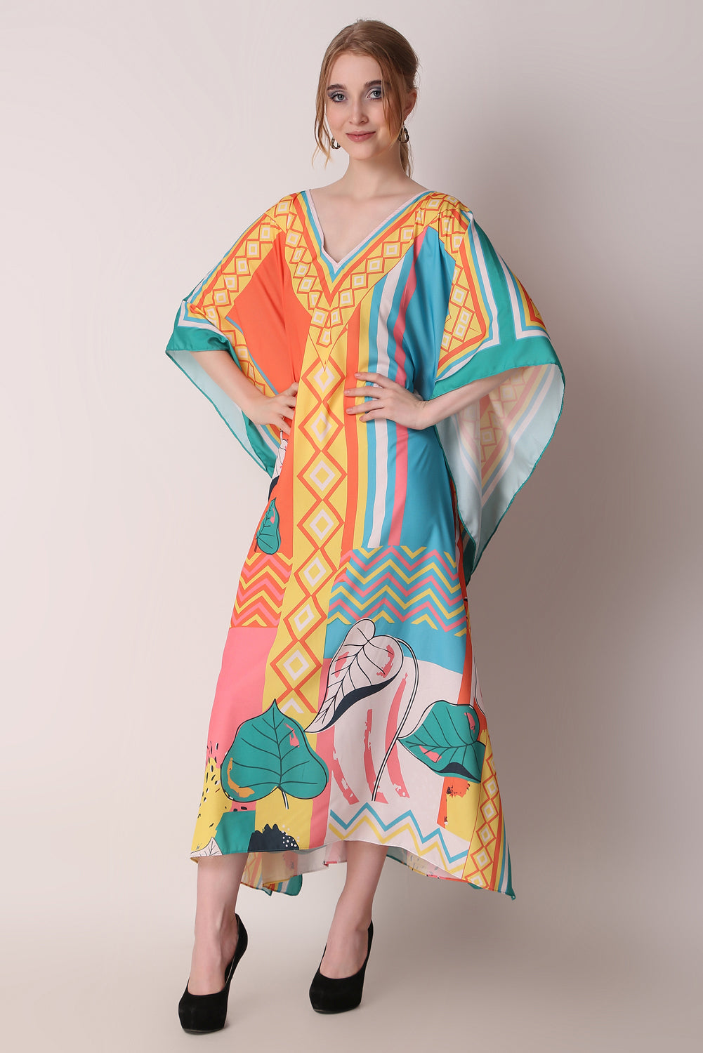 Rabiya - Noha - Orange Silk Caftan Silk Kaftan Plus Size, Luxury Silk Kaftan Maxi Dress, Abstract Silk Kaftan Long Dress Pink Orange Caftan Dress for Woman