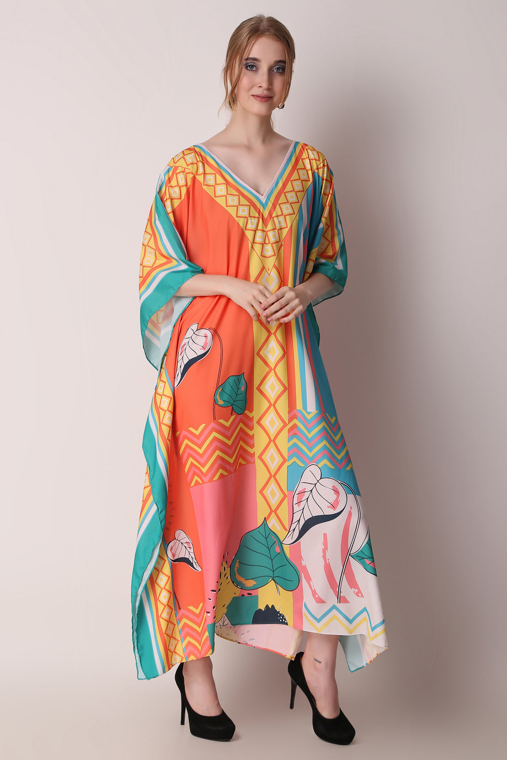 Rabiya - Noha - Orange Silk Caftan Silk Kaftan Plus Size, Luxury Silk Kaftan Maxi Dress, Abstract Silk Kaftan Long Dress Pink Orange Caftan Dress for Woman