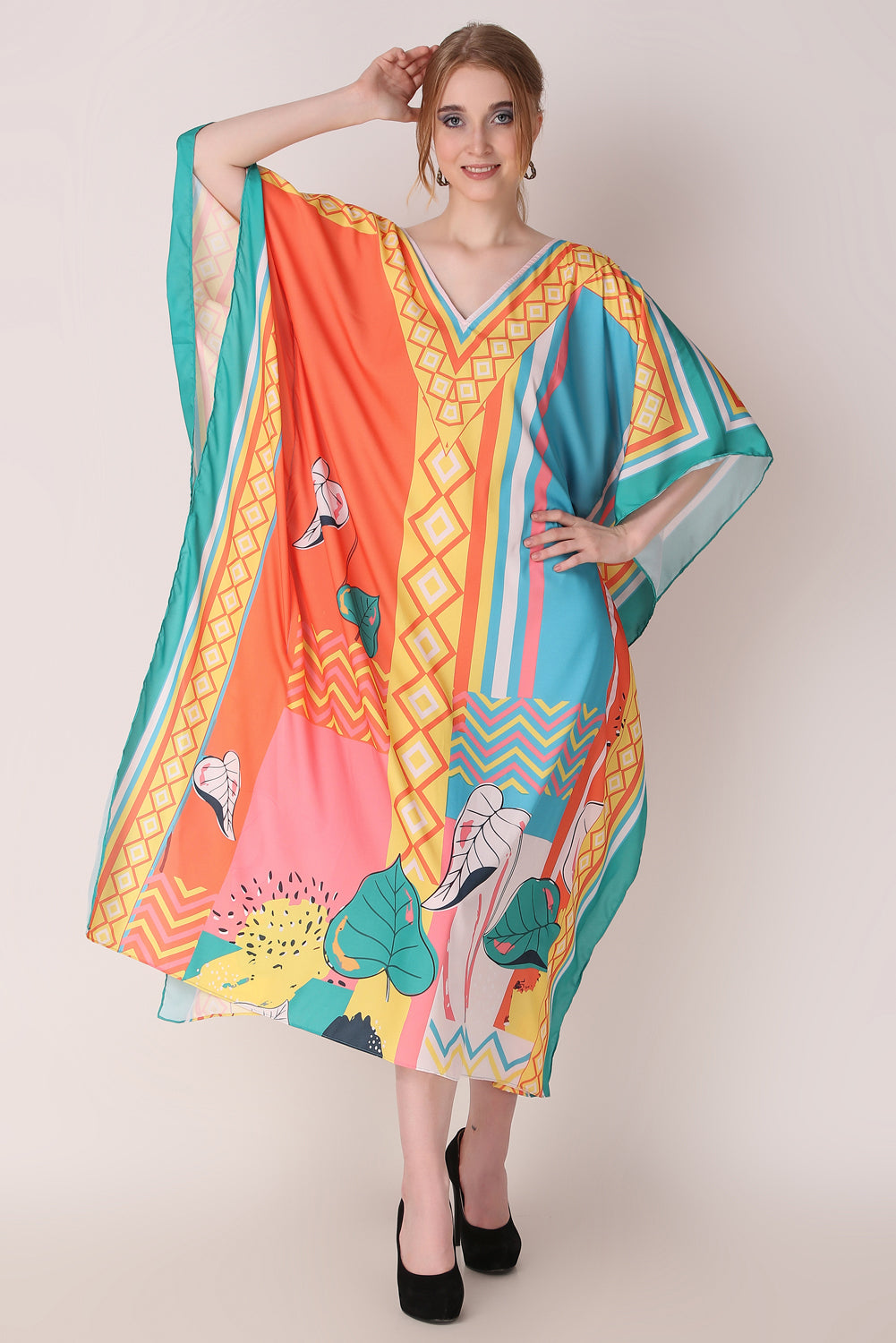 Rabiya - Noha - Orange Silk Caftan Silk Kaftan Plus Size, Luxury Silk Kaftan Maxi Dress, Abstract Silk Kaftan Long Dress Pink Orange Caftan Dress for Woman