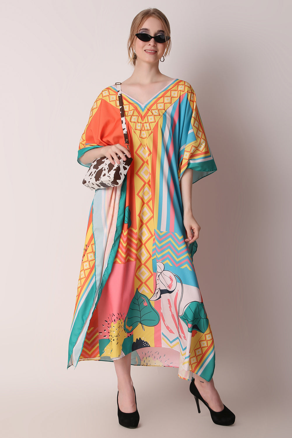 Rabiya - Noha - Orange Silk Caftan Silk Kaftan Plus Size, Luxury Silk Kaftan Maxi Dress, Abstract Silk Kaftan Long Dress Pink Orange Caftan Dress for Woman