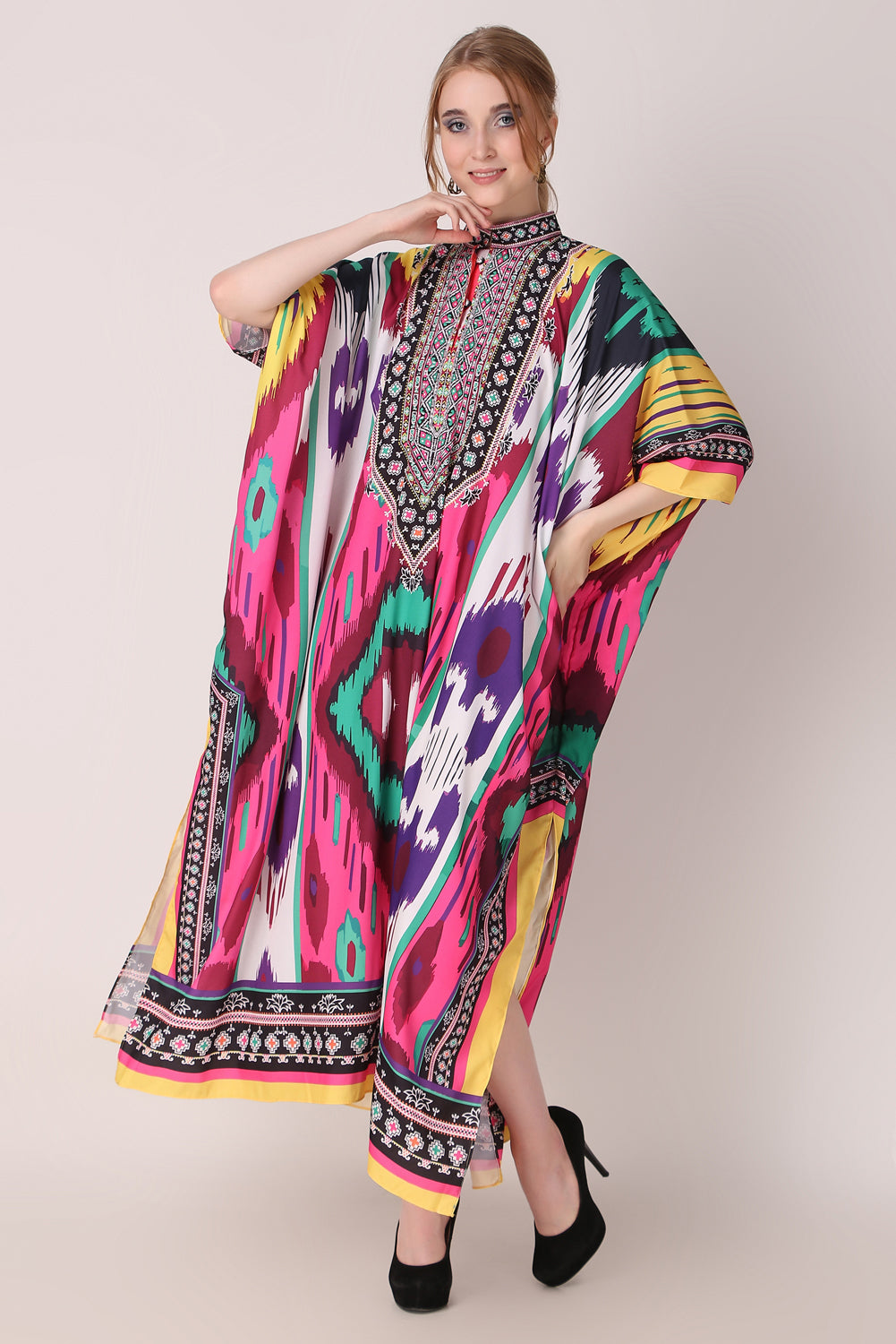 Rabiya - Noha - Collared Kaftan Ikat Print Full Length